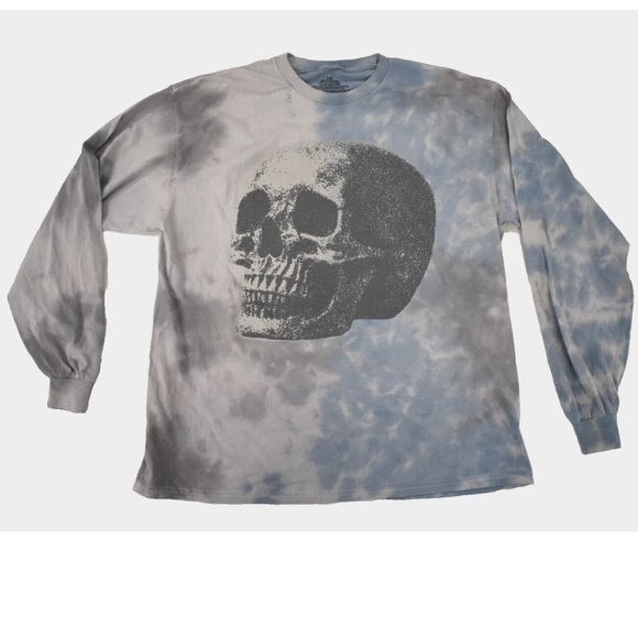 Long Sleeve Unisex Blue/Gray Tie Dyed Skull Tee - Picture 1 of 2